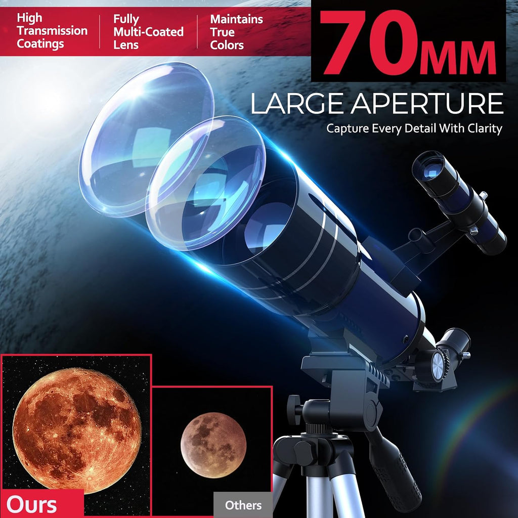 Telescopio para niños y principiantes, 2.756 in de apertura (15X-150X) AZ Mount Telescopios para astronomía, telescopio refractor portátil con trípode, adaptador de teléfono