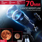 Telescopio para niños y principiantes, 2.756 in de apertura (15X-150X) AZ Mount Telescopios para astronomía, telescopio refractor portátil con trípode, adaptador de teléfono