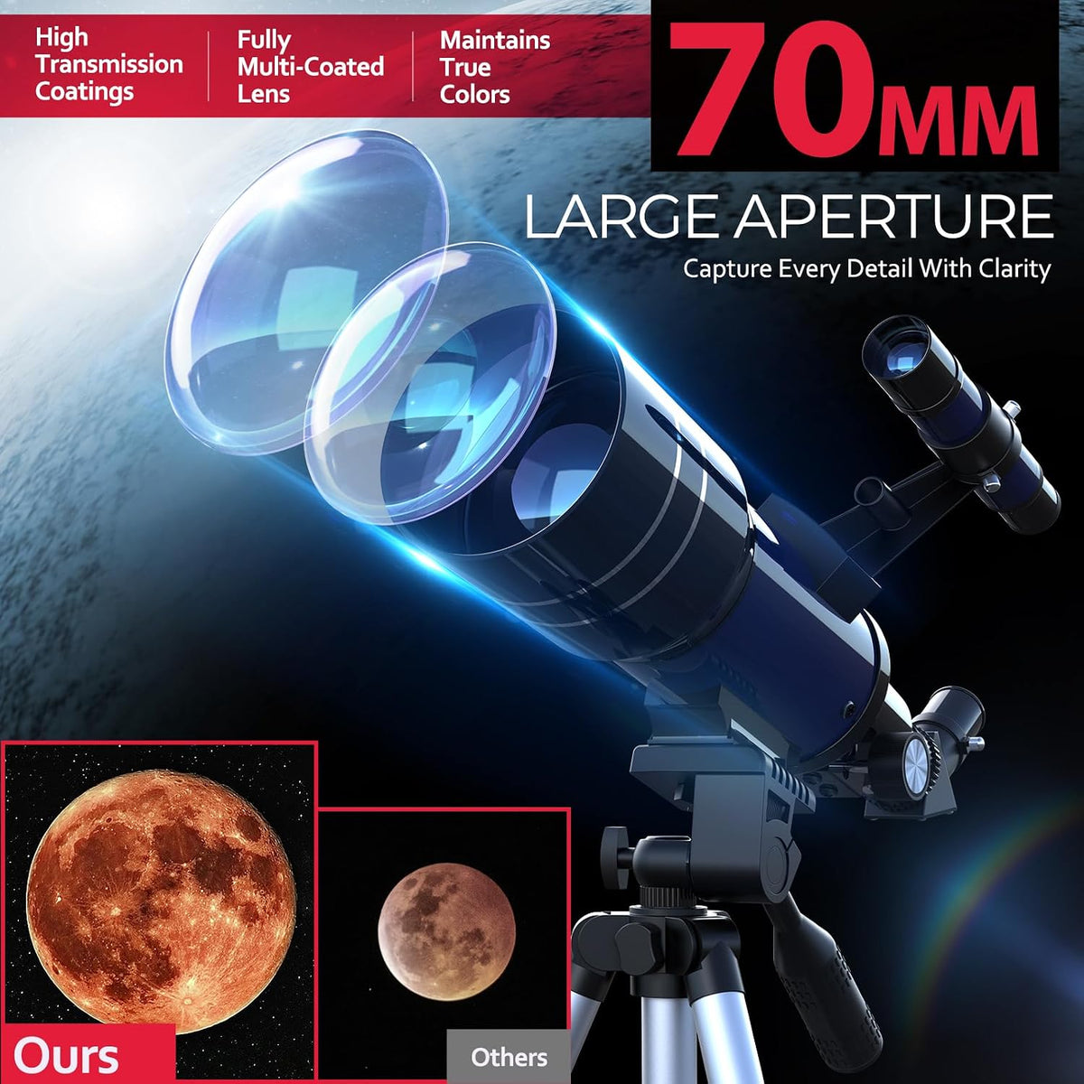 Telescopio para niños y principiantes, 2.756 in de apertura (15X-150X) AZ Mount Telescopios para astronomía, telescopio refractor portátil con trípode, adaptador de teléfono