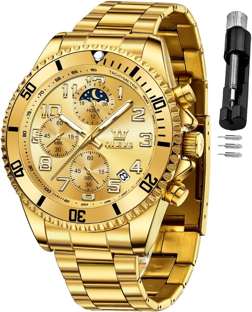 OLEVS Reloj de caballero Cronógrafo de lujo con fases de la luna, dos tonos, acero inoxidable, a prueba de agua, luminiscente, calendario empresarial, reloj de pulsera