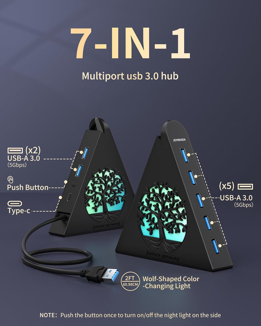 JoyReken, J7-TR-BK-2FT, hub USB 3.0 de 7 puertos