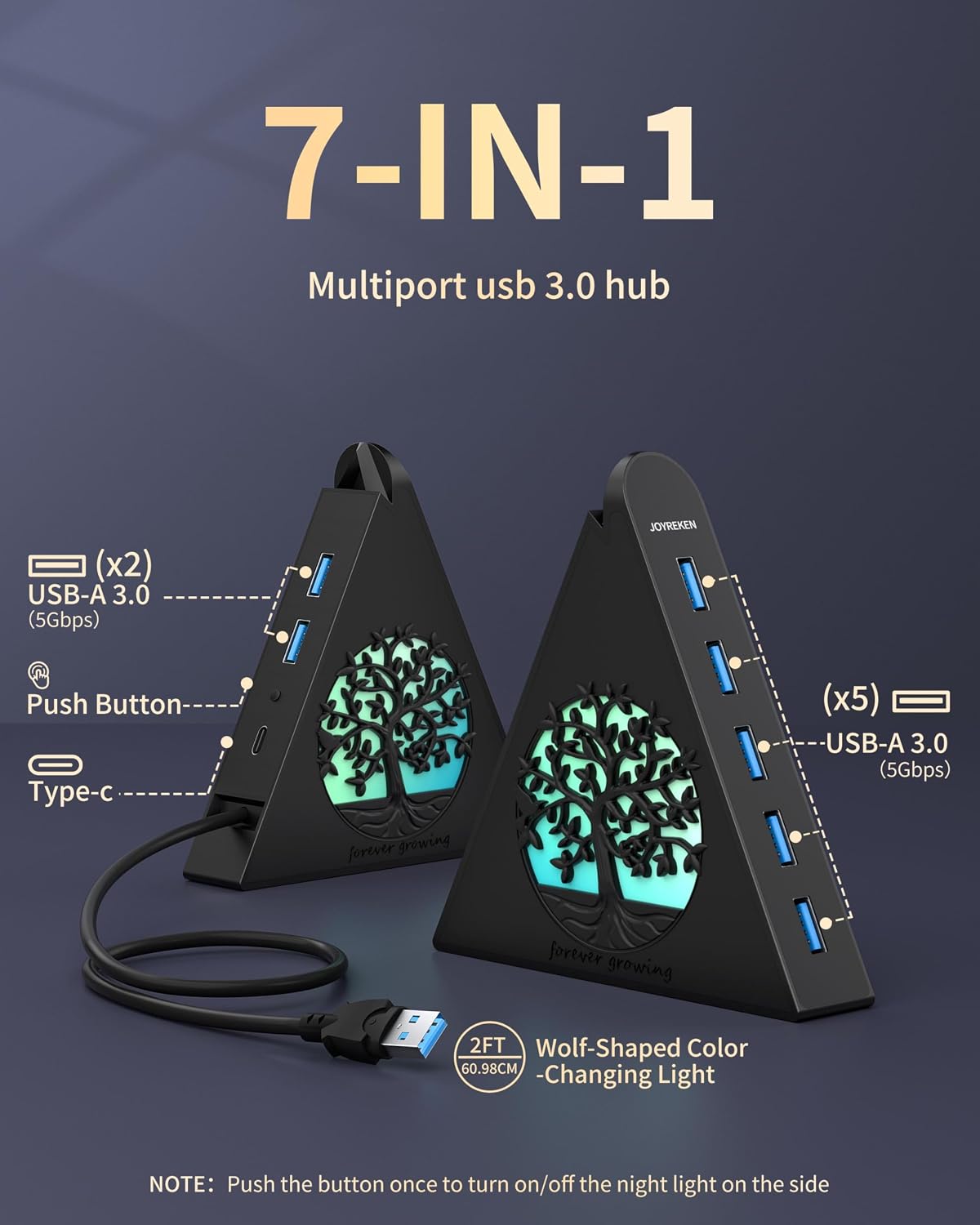 JoyReken, J7-TR-BK-2FT, hub USB 3.0 de 7 puertos