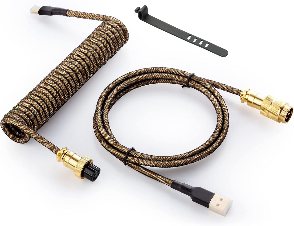 Starlight - Cable USB C en espiral para teclado de juegos, cable de teclado mecánico de doble manga con aviador de metal desmontable, USB-C de 1.5 M a USB-A, color negro con conector aviador dorado