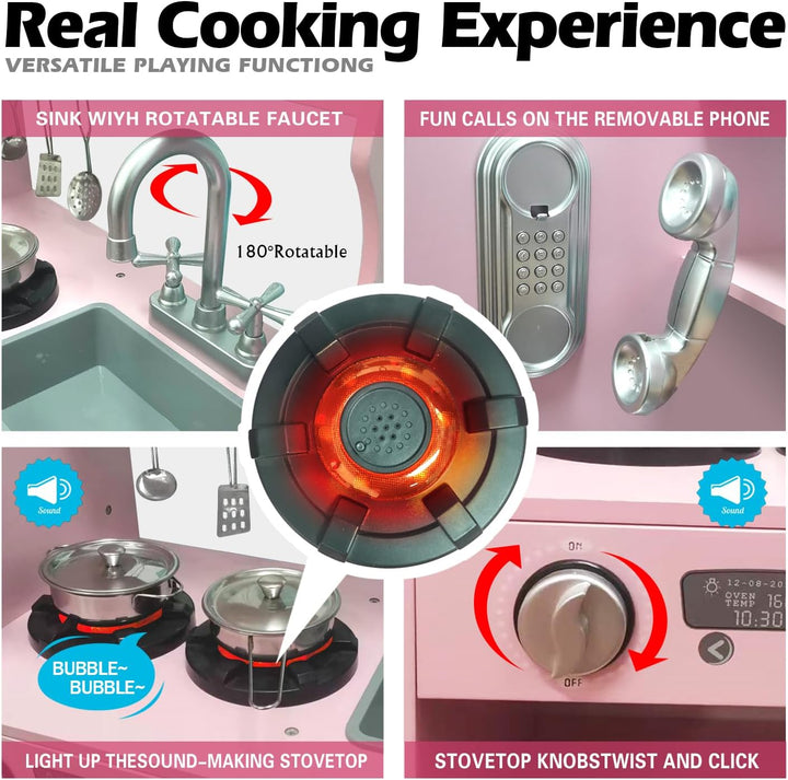 TaoHFE Juego de cocina LED mejorado para niños, cocina de madera, b...