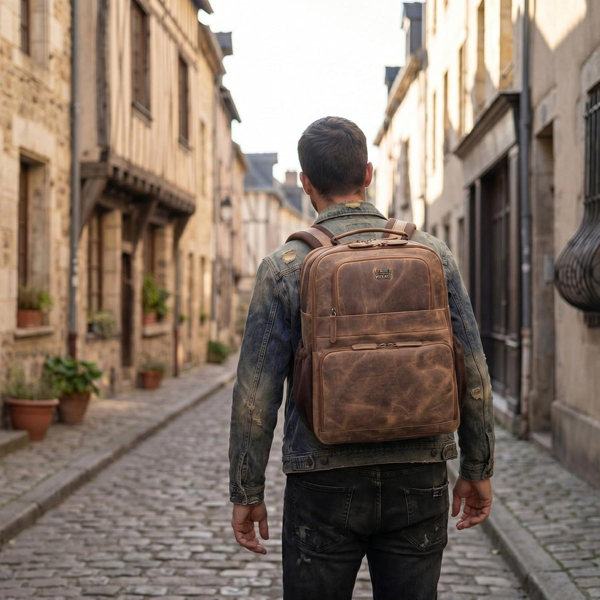 LEATHER VILLAGE Mochila de cuero para hombre de trabajo, Canela, Resistente