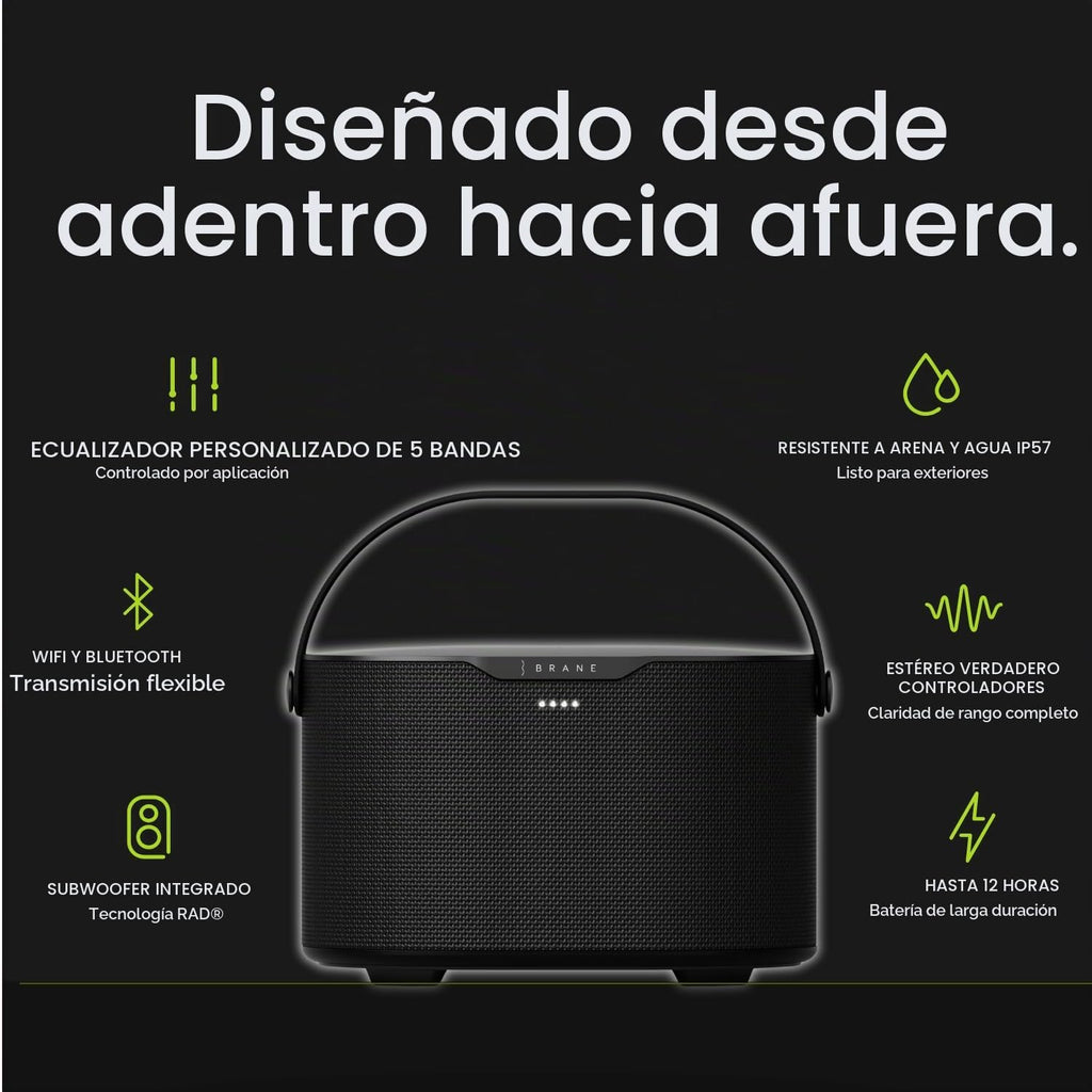 Brane Audio Brane X - Altavoz inteligente, altavoz Bluetooth inalámbrico portátil, subwoofer RAD interno, reproducción de 12 horas, resistente al agua IP57
