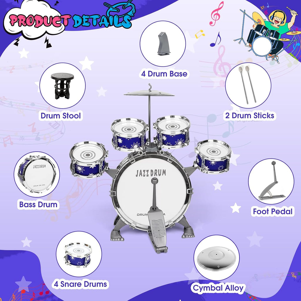 Juego de batería mejorada para niños de 3 a 5 años, kit de batería de jazz con taburete, platillo y pedal de pie, juguetes musicales para niños y niñas, regalos de cumpleaños
