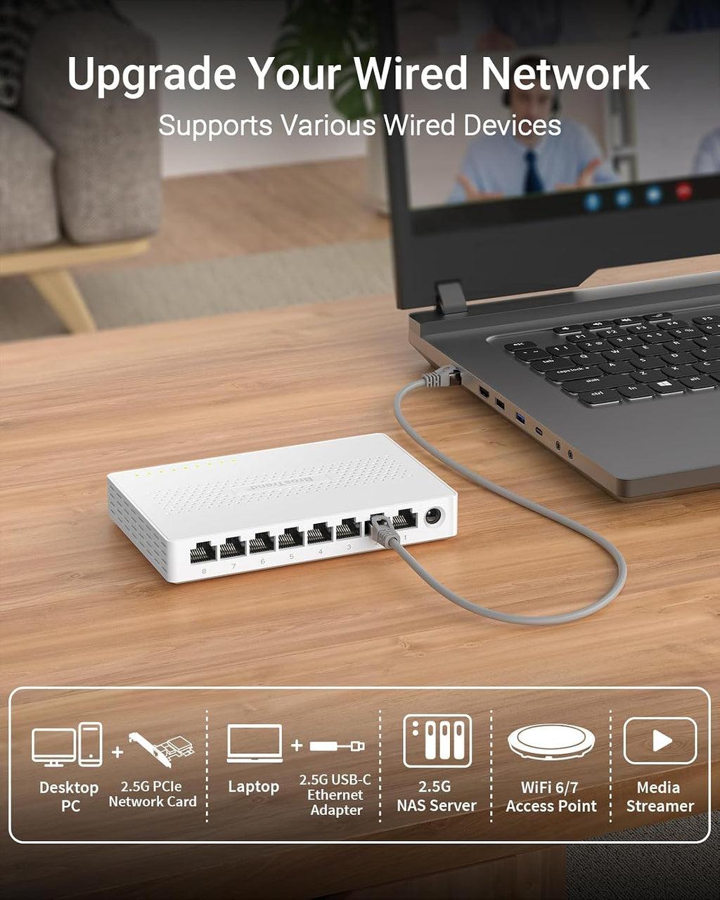 BrosTrend Switch de 2.5Gb, Switch de Red de 8 Puertos 2.5 Gigabit, Switch Ethernet No Administrado para Consola de Juegos, NAS, PC, Switch de Redes de Computadora Plug & Play Sin Ventilador, Montaje