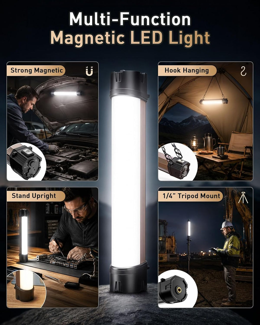 Paquete de 2 barras de luz LED magnéticas recargables para acampar