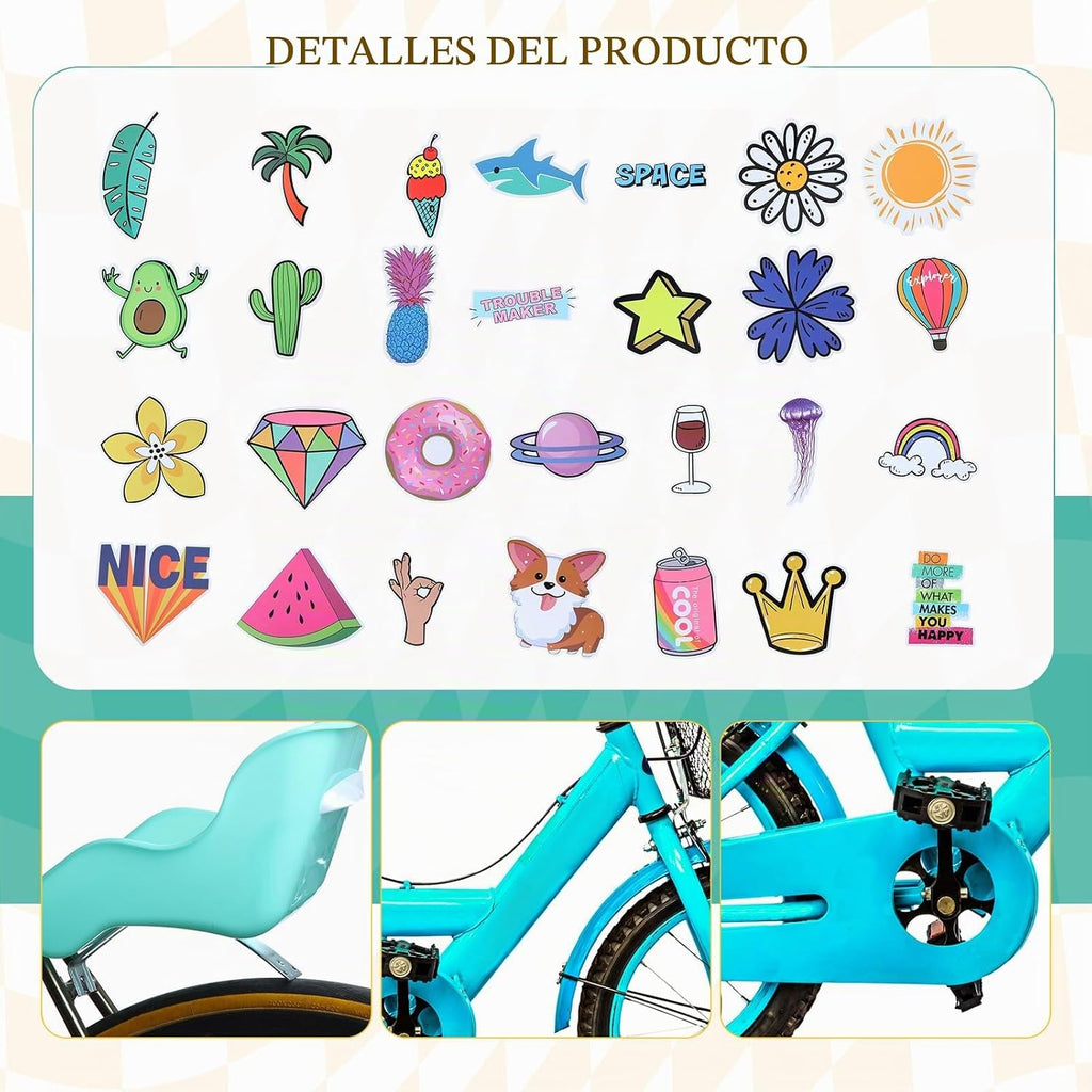 Asiento de bicicleta de muñeca con 30 calcomanías de calcomanías, cesta de bicicleta para niños, manillar de bicicleta, cintas coloridas, borla, margarita, campana de bicicleta para niñas