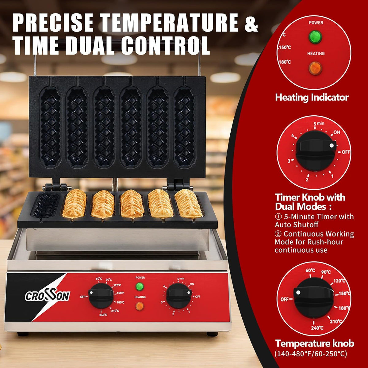 CROSSON Máquina de gofres comercial de 6 piezas, antiadherente de triple capa con revestimiento de maíz para perros calientes con rango de temperatura de 140-480 ℉ y temporizador de 5 minutos, máquina para restaurante, panadería, barra de aperitivos, 120