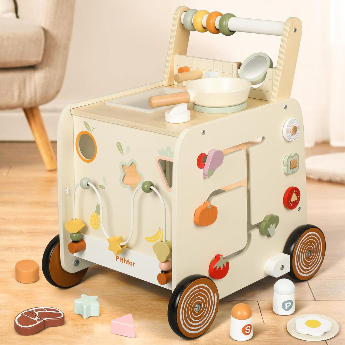Andador de Madera para Bebés, Andador de Empuje para Bebés 3 en 1, con Cocina de Juguete, Centro de Actividades Sensoriales Montessori, Juguetes Andadores de Empuje para Bebés que Aprenden a