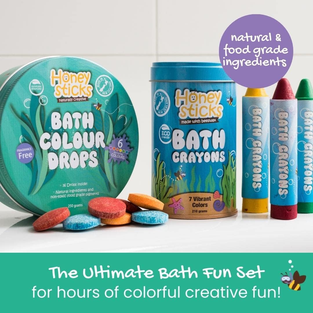 Honeysticks Ultimate Bath Fun Set - Crayones de baño no tóxicos (paquete de 7) y tabletas de color de baño (36 gotas) para horas de diversión creativa en la bañera, ingredientes naturales y de grado