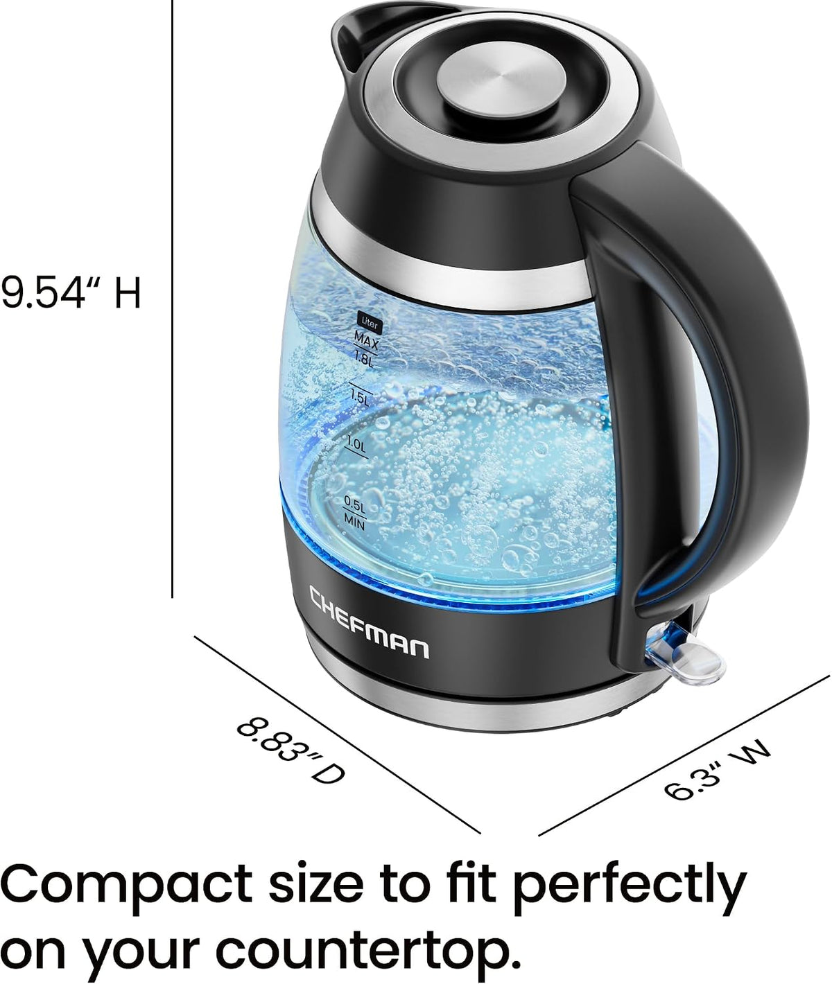 Chefman Hervidor Eléctrico, 1.8L 1500W, Hervidor de Agua Caliente, Tapa Desmontable para Fácil Limpieza, Apagado Automático, Protección contra Hervir en Seco, Filtro de Acero Inoxidable, Libre de BPA