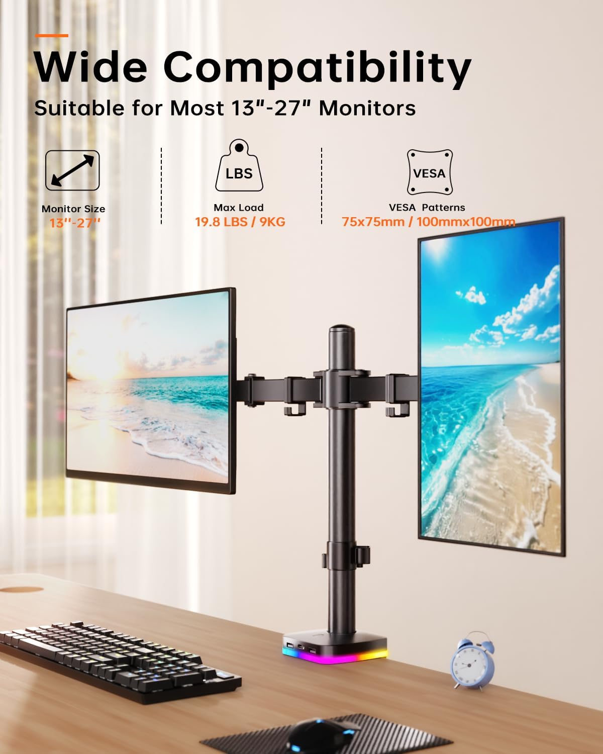 Afaloona Brazo de monitor dual RGB con concentrador USB, soporte de