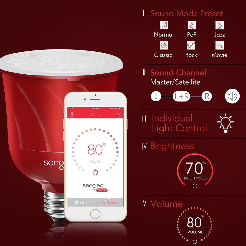 Sengled Bombilla inteligente LED Pulse con altavoz Bluetooth JBL, controlada por aplicación hasta 8 bombillas LED BR30 con kit de inicio, base E26, compatible con Amazon Alexa, Candy Apple Red,