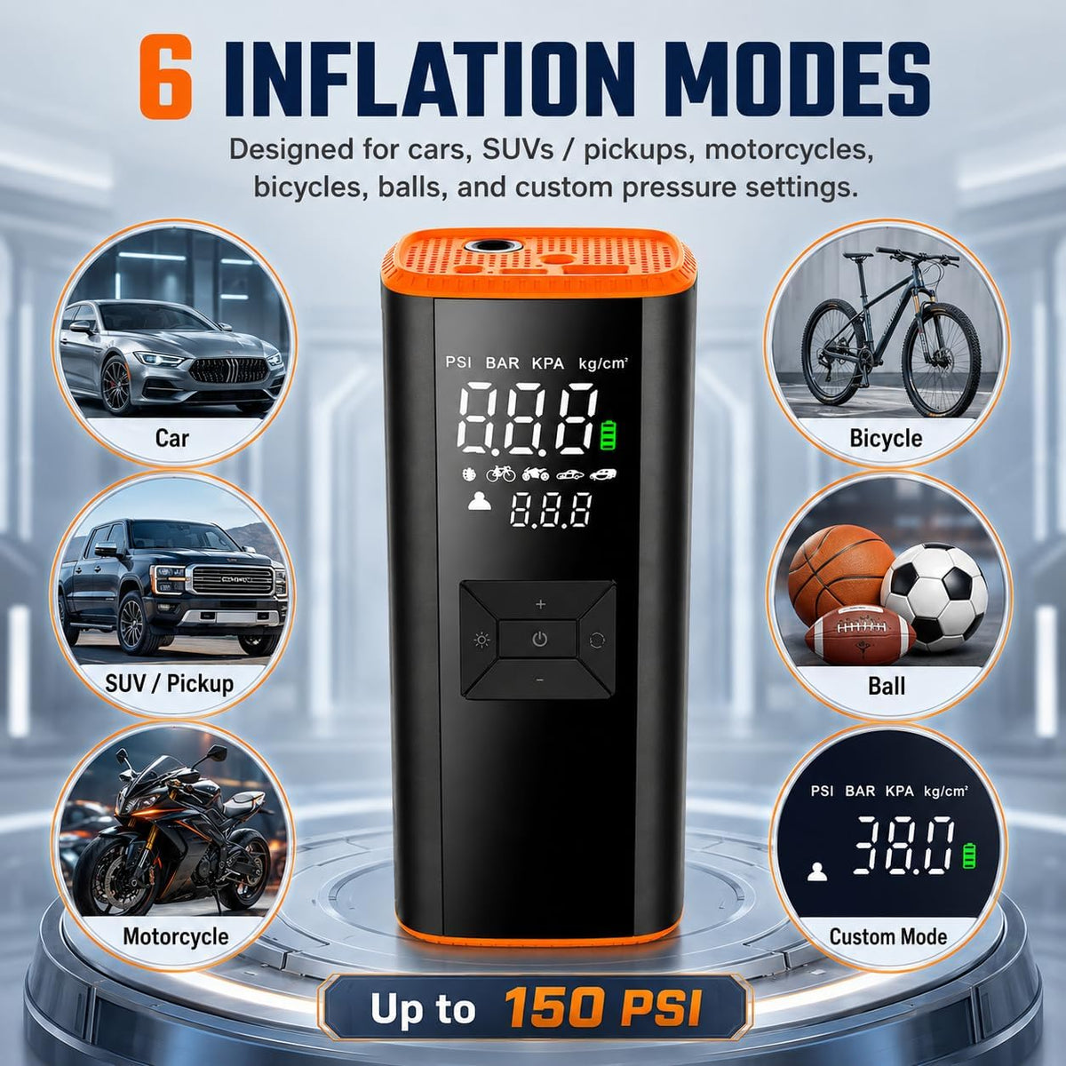 Inflador portátil del neumático del compresor de aire 150 PSI 12000mAh
