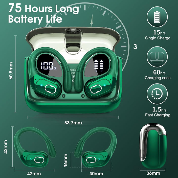 Aptkdoe Auriculares Inalámbricos 75hrs Bluetooth 5.4 Headphone Spor...