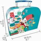 Hape Juego de té para niñas y niños pequeños, juego de fiesta de té de lata de 18 piezas con funda de transporte de tucán, tetera de juguete, galletas de comida y paño de picnic