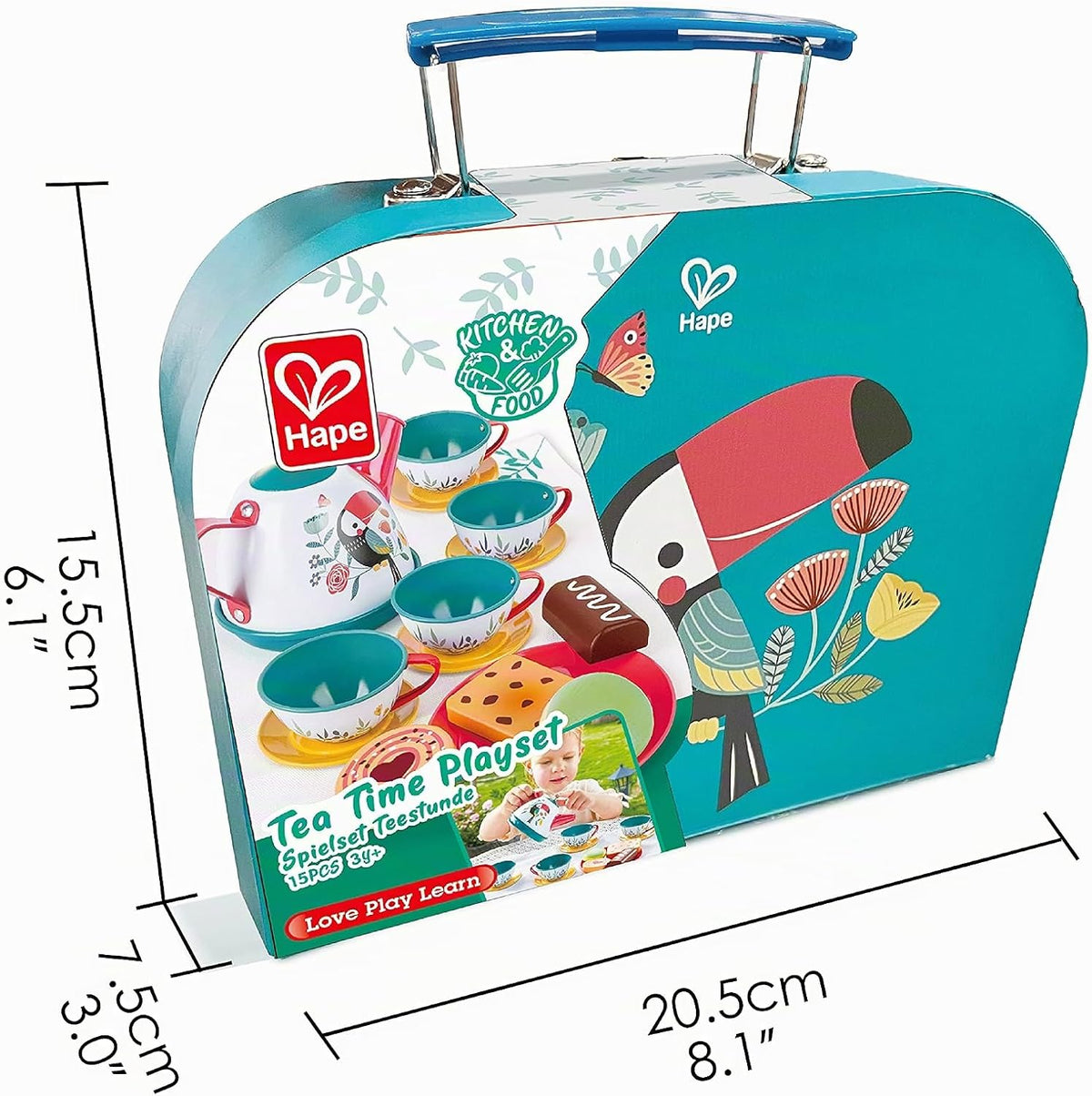 Hape Juego de té para niñas y niños pequeños, juego de fiesta de té de lata de 18 piezas con funda de transporte de tucán, tetera de juguete, galletas de comida y paño de picnic