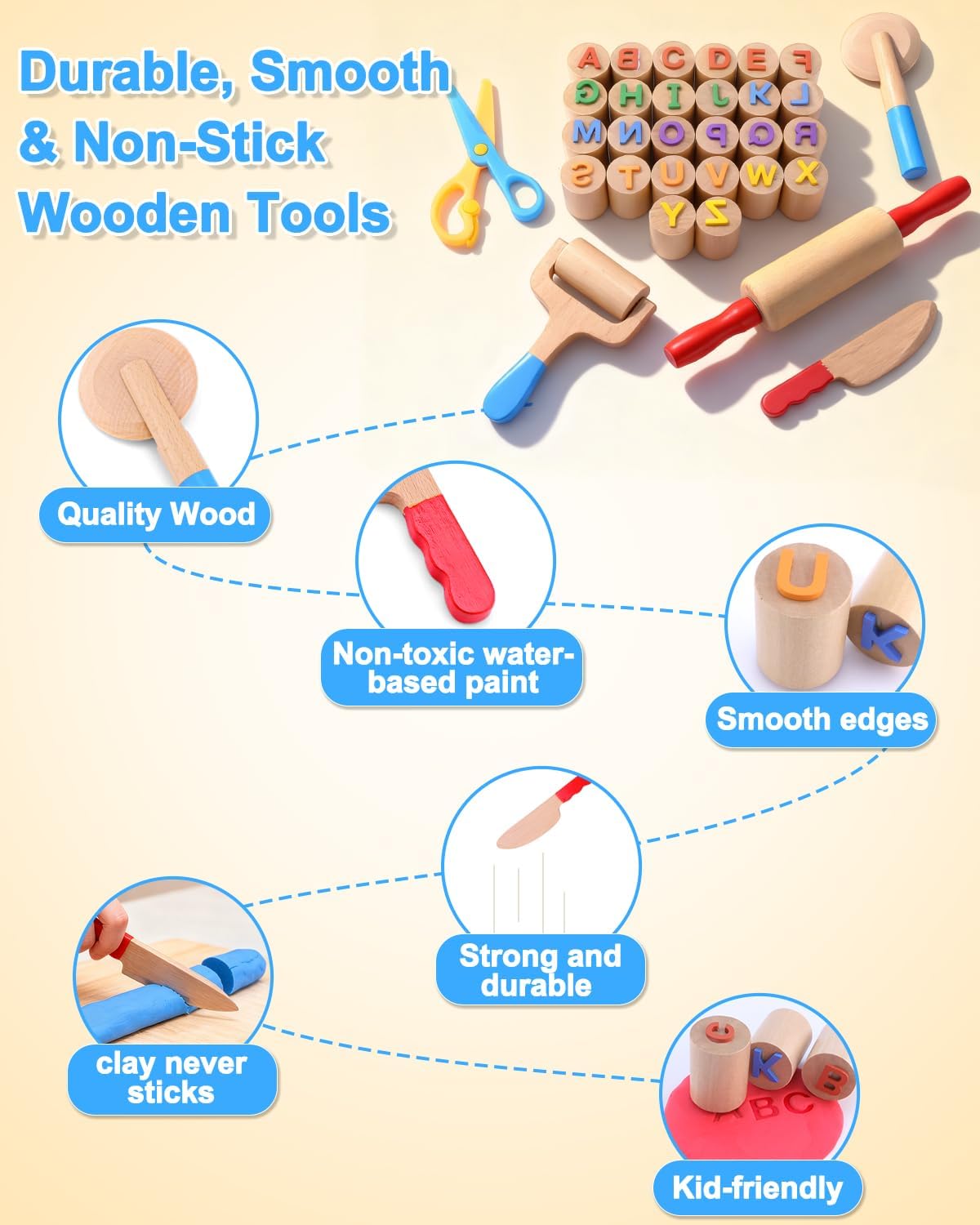 Juego de herramientas de masa de madera para niños de 3 a 6 años