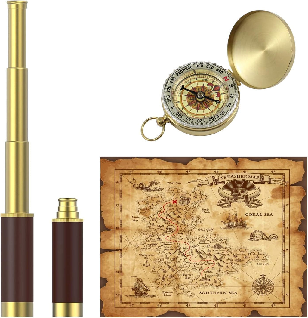 Telescopio monocular pirata con brújula de bolsillo de mapa del tesoro - Catalejo plegable para conjunto de accesorios de fiesta
