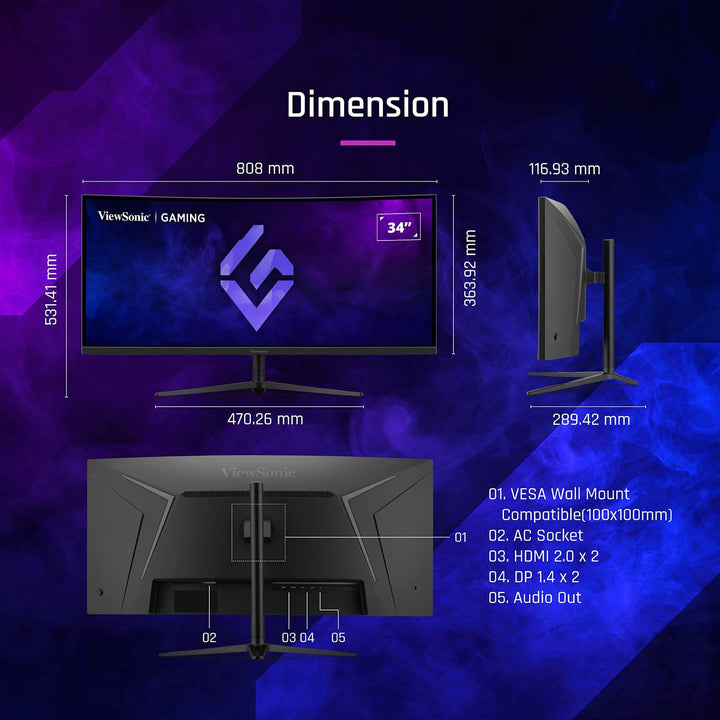 ViewSonic VX3418C-2K Monitor de juegos curvado ultraancho de 34 pul...
