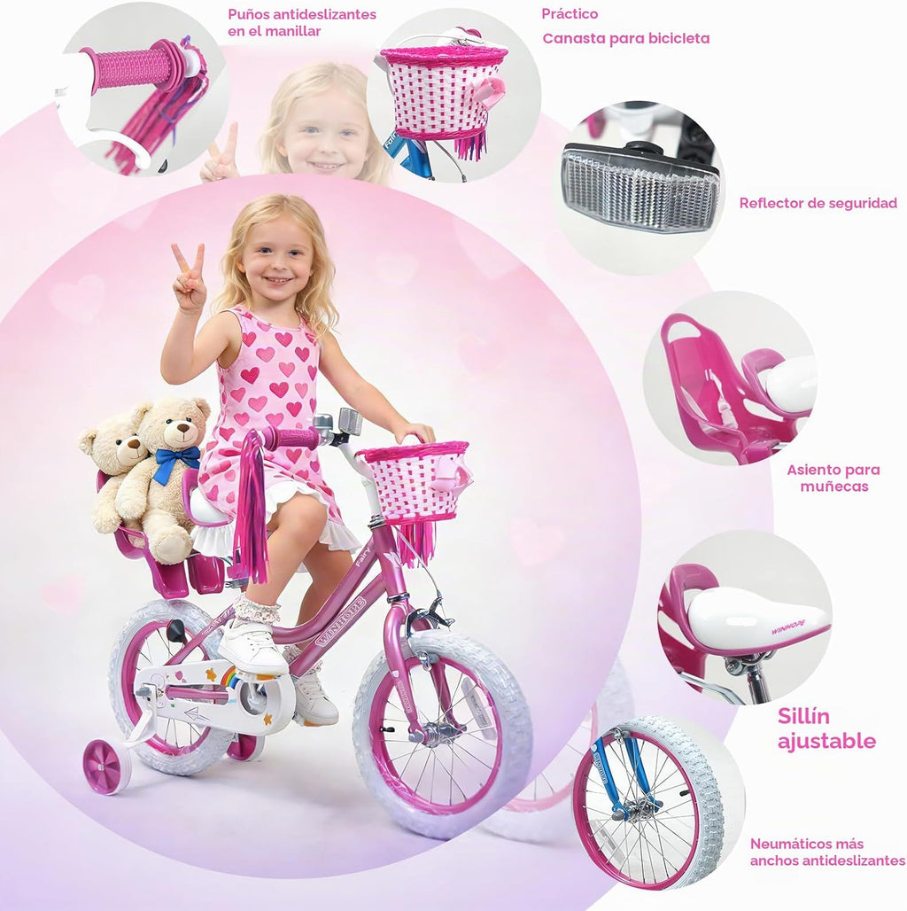 Bicicleta WinHope Fairy Girls con Asiento para Muñeca, Bicicleta Infantil de 12-20 Pulgadas para Edades 2-12