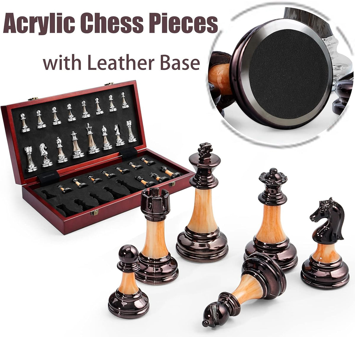 Juego de ajedrez grande de 16 pulgadas/16.5 in de tablero de madera plegable con piezas de ajedrez acrílico ponderadas de lujo, tamaño King de 3.5 pulgadas con ranuras de almacenamiento para adultos, regalo de jubilación de inauguración de la casa