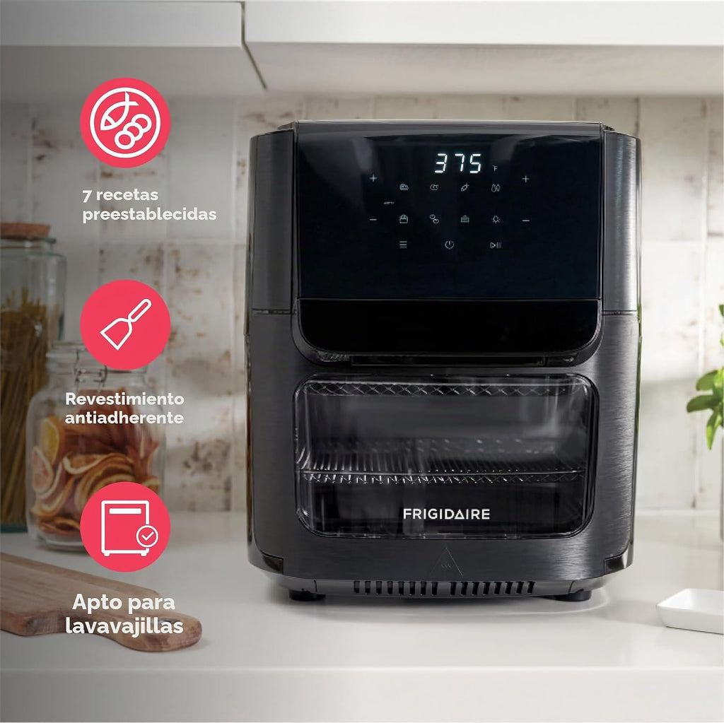 Frigidaire Horno combinado de freidora de aire 5 en 1 con ventana de visualización, gran capacidad de 12.6 QT, pantalla digital, 5 modos de cocción, 7 ajustes preestablecidos de recetas, recordatorio