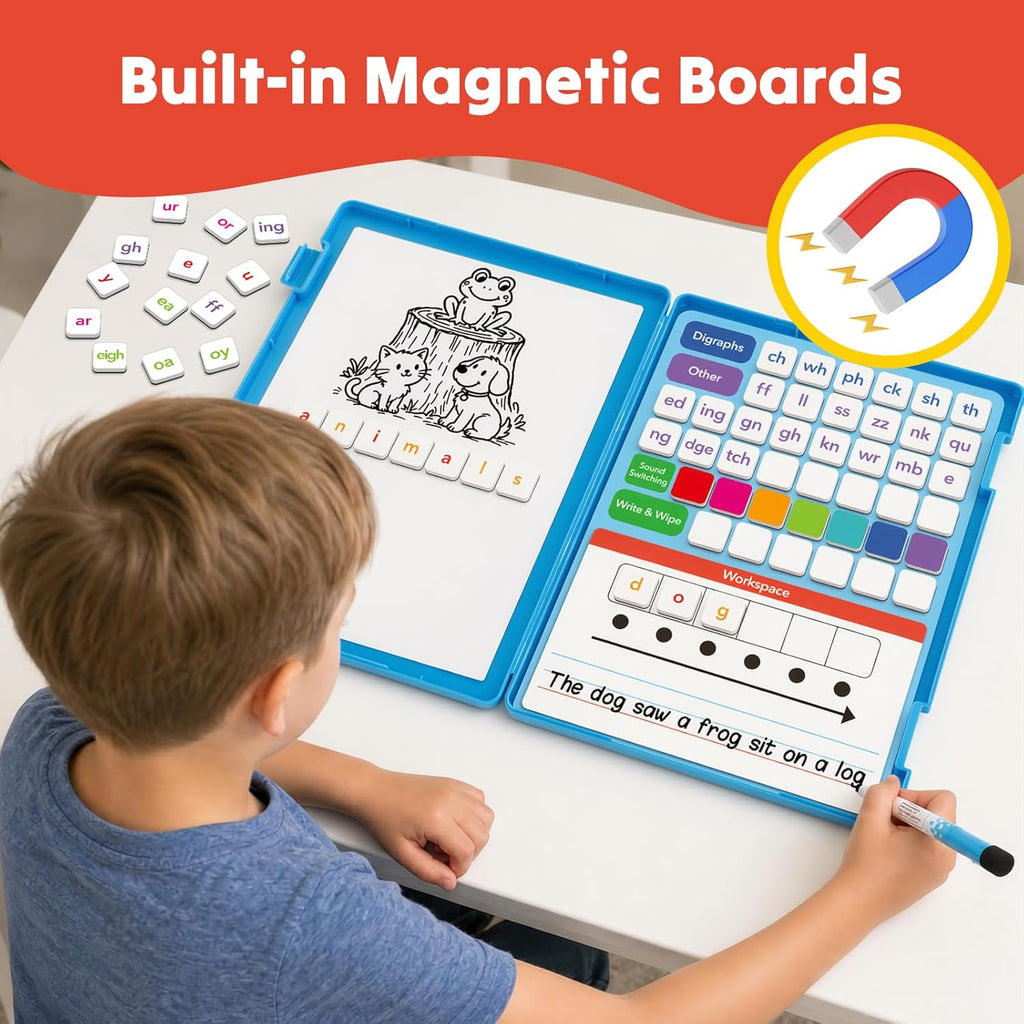 Kit de fonética magnética todo en uno, azulejos de letras magnéticas de fonética, juegos de construcción de palabras, juegos de lectura de ortografía con tablero de construcción de palabras