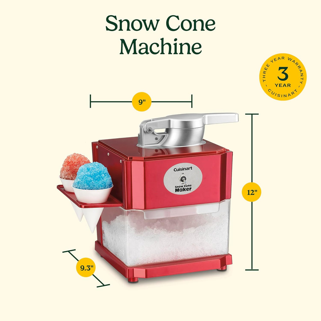 Cuisinart - Máquina de cono de nieve, motor de 90 W, seguridad de enclavamiento, 4 conos reutilizables, diseño compacto, encimera, color rojo