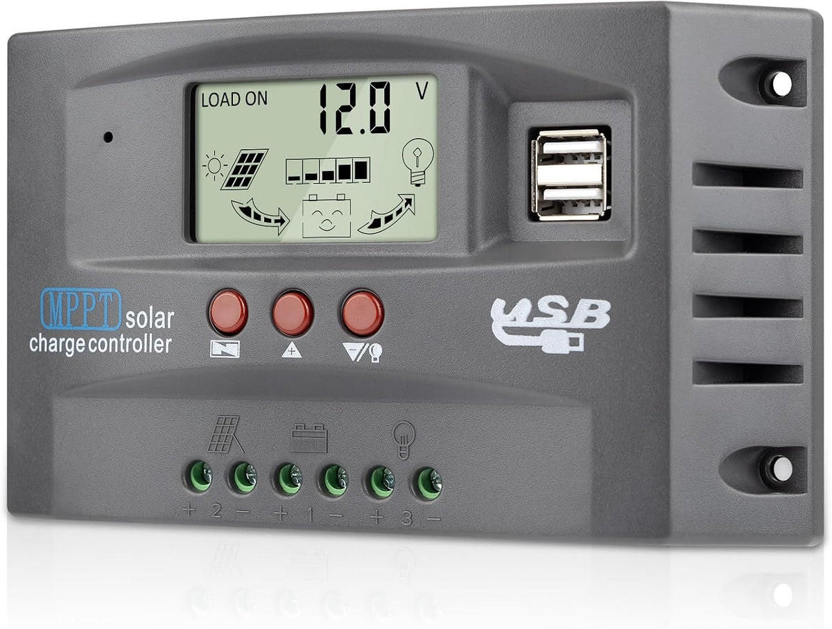 Controlador de carga de panel solar MPPT de 60 A, controlador de cargador de batería solar automático de 12 V/24 V con pantalla LCD, puerto USB dual y temporizador de ajuste de horas de