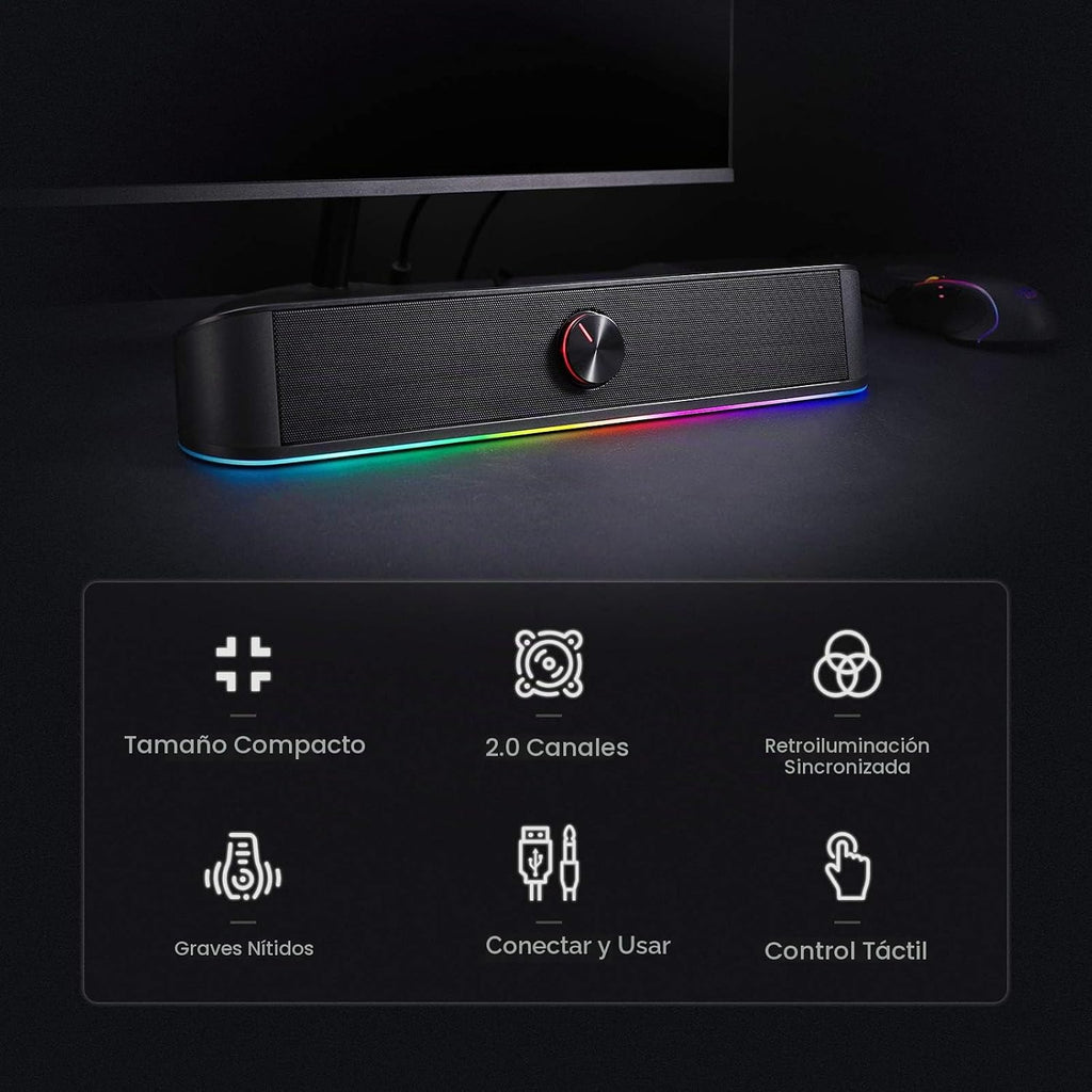 Redragon GS560 RGB Barra de sonido de escritorio, altavoz de computadora de 2.0 canales con barra de iluminación dinámica sincronizada con audio-luz/pantalla, retroiluminación con control táctil y