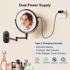 Espejo de maquillaje iluminado de pared de 9 pulgadas, espejo de aumento de doble cara recargable de 4000 mAh 1X/10X con luz, 3 luces de color, regulable al tacto, espejo de maquillaje montado en la pared con brazo extendido de rotación de 360 grados