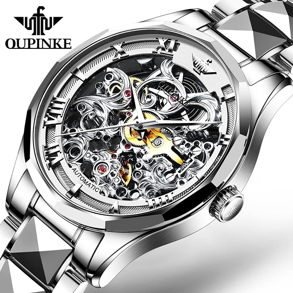 Relojes automáticos de esqueleto para hombre, reloj de pulsera de lujo mecánico de cuerda automática de cristal de zafiro, reloj de acero de tungsteno, 164 ft, impermeable, luminoso, sin batería, AA- Silver White