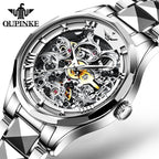 Relojes automáticos de esqueleto para hombre, reloj de pulsera de lujo mecánico de cuerda automática de cristal de zafiro, reloj de acero de tungsteno, 164 ft, impermeable, luminoso, sin batería, AA- Silver White