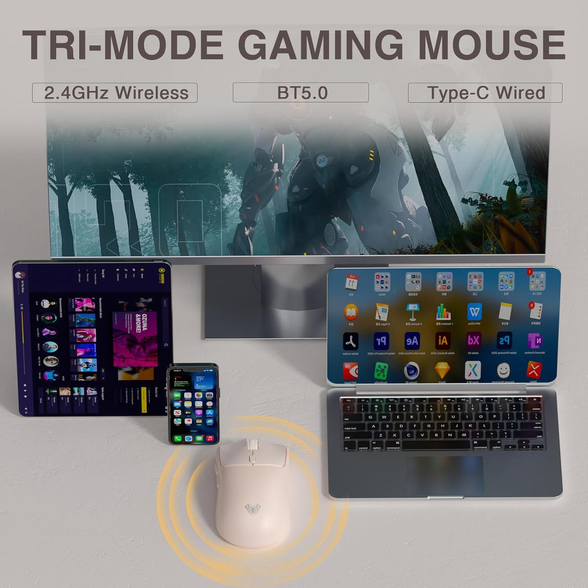 AULA SC580X - Ratón inalámbrico para juegos, triple modo 2.4G\/BT5....