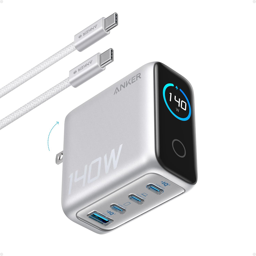 Anker 140W Max Bloque de Carga GaN de 4 Puertos, Pantalla Inteligente para Cargador de MacBook