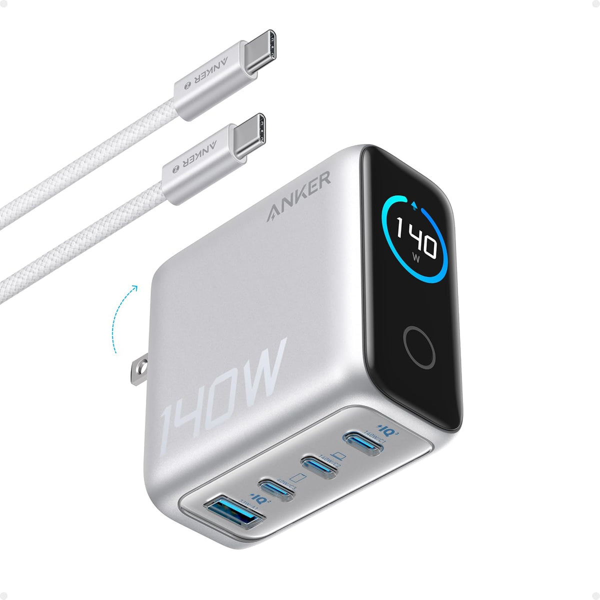 Anker 140W Max Bloque de Carga GaN de 4 Puertos, Pantalla Inteligente para Cargador de MacBook