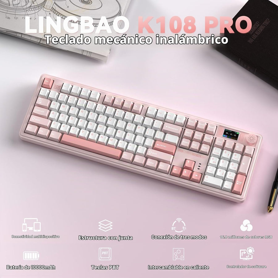 LINGBAO K108 Pro Teclado mecánico inalámbrico cremoso rosa con tecl...