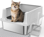 FURTIME Caja de arena para gatos de acero inoxidable, caja de arena de
