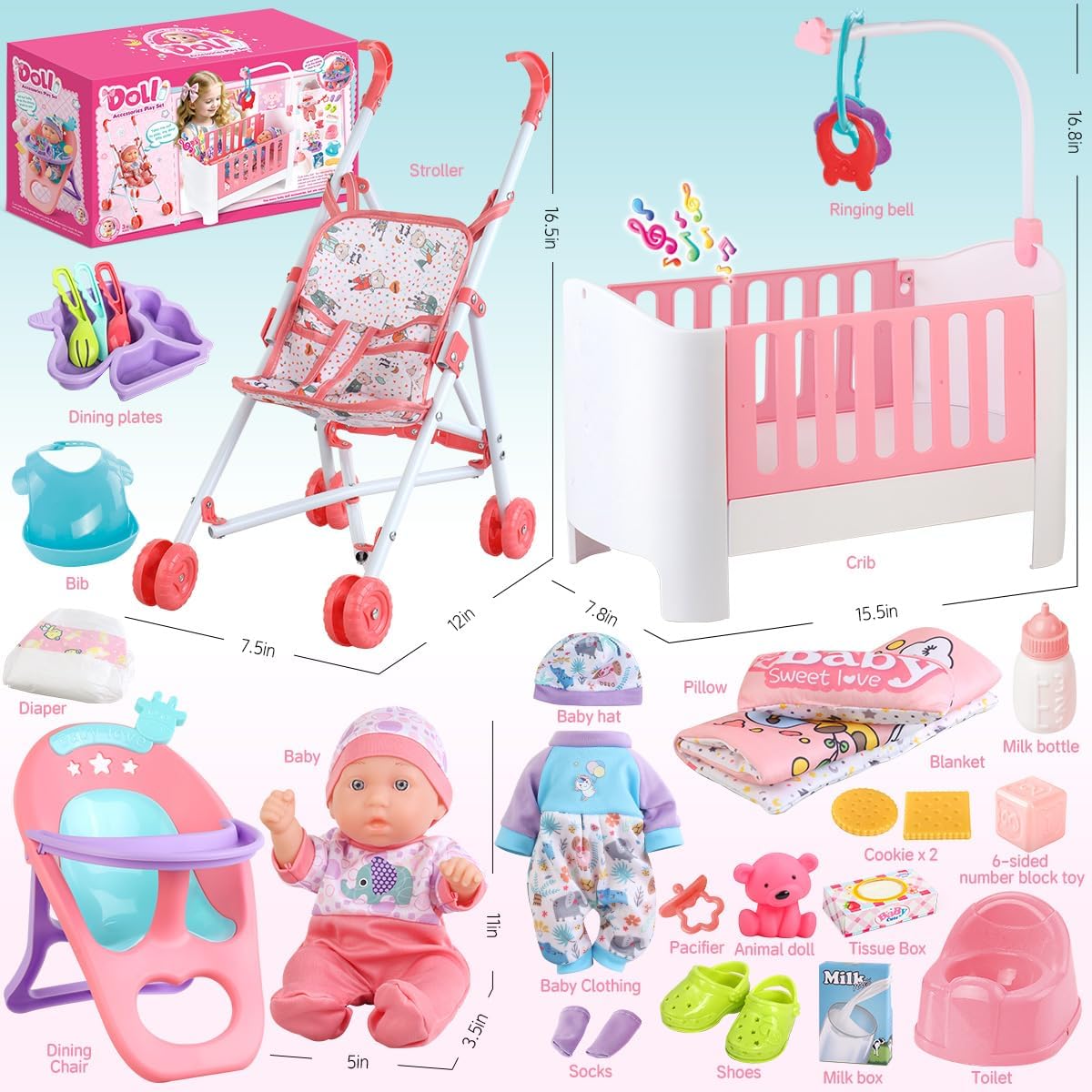 Juego de accesorios para cuna y cochecito de bebé con muñeca de bebé de 11 pulgadas