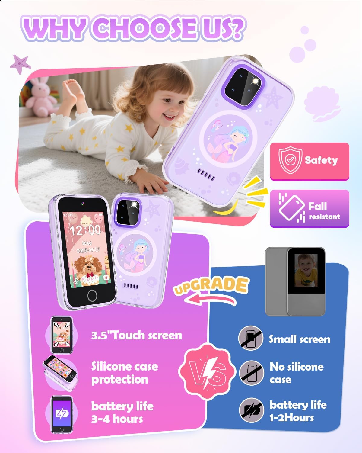 Dylanto Teléfono para niños, teléfono con pantalla táctil de 3.5 pulgadas para niños, juguetes de aprendizaje para niñas de 3 a 9 años con doble cámara, reproductores de video, juegos, regalos de cumpleaños de Navidad para niñas de 3, 4, 5, 6, 7, 8, 9, co