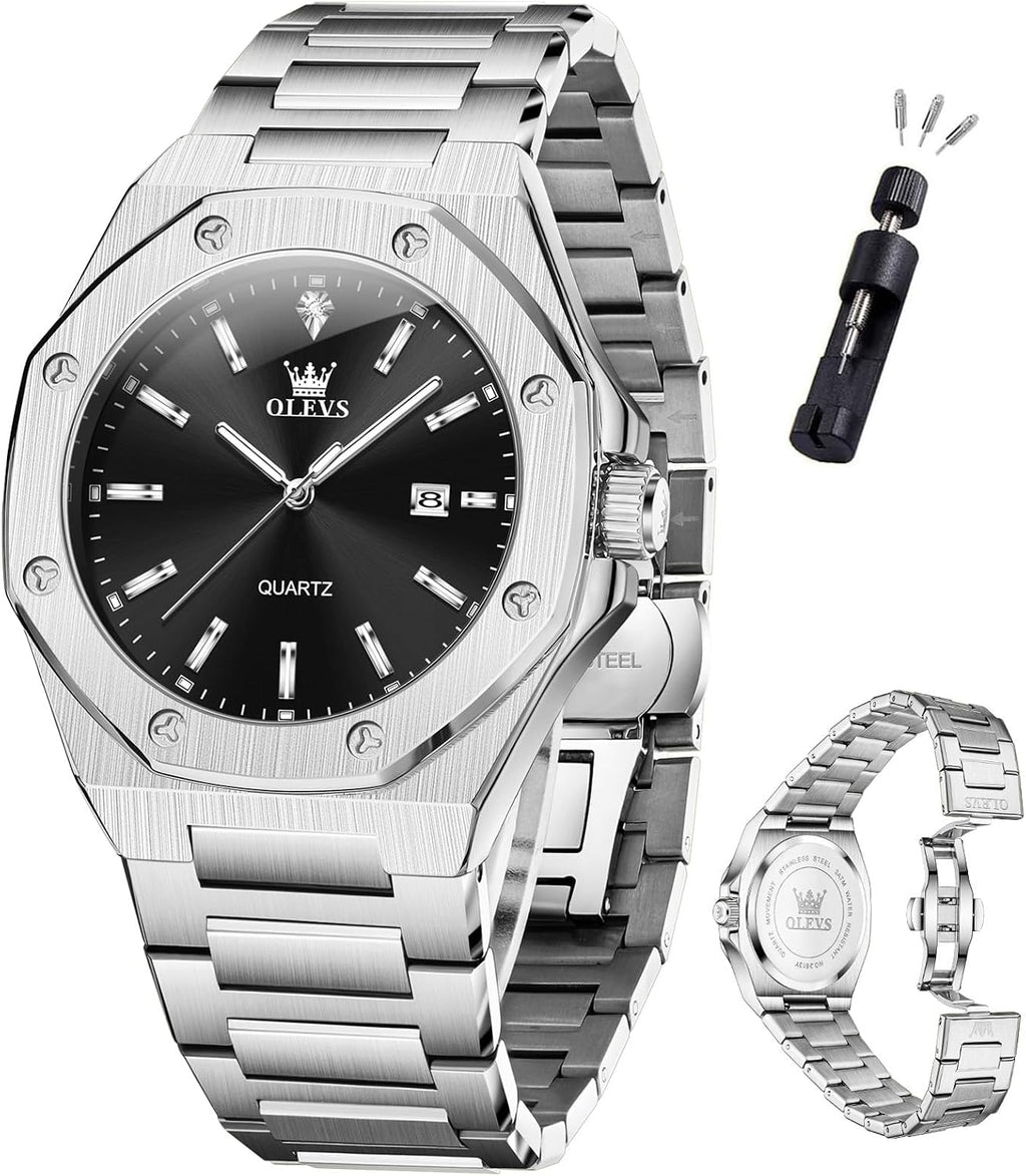 OLEVS Relojes para hombres de lujo octagonales en acero inoxidable de pulsera: reloj analógico de cuarzo de cara grande luminosa