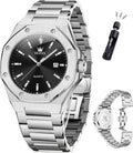 OLEVS Relojes para hombres de lujo octagonales en acero inoxidable de pulsera: reloj analógico de cuarzo de cara grande luminosa