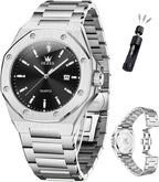OLEVS Relojes para hombres de lujo octagonales en acero inoxidable de pulsera: reloj analógico de cuarzo de cara grande luminosa