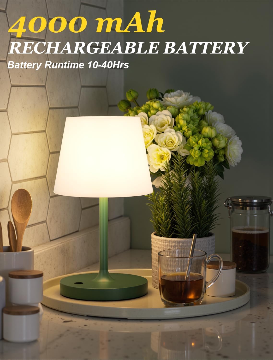 Kakanuo Lámpara de ducha sin cables verde, a prueba de agua, recargable con batería de 4000mAh, lámpara de mesa táctil con atenuación para exteriores, cocina, baño, camping, patio, IP54