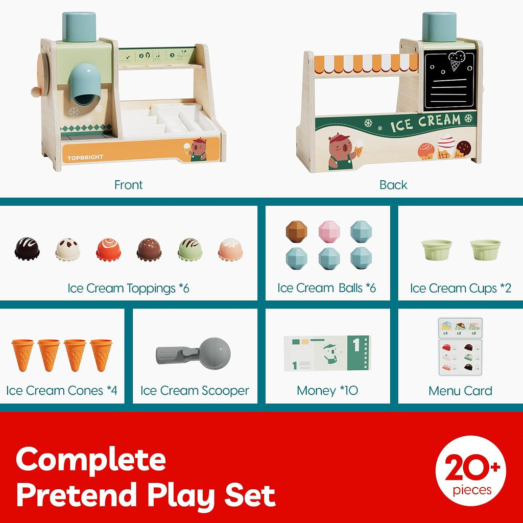 TOP BRIGHT Juguetes de Madera para Juego de Simulación de Helados, Set de Cocina para Niños con Mostrador de Helados, Cuchara y Menú, Juguetes Montessori para Niños y Niñas Regalo Capybara Edad 3+