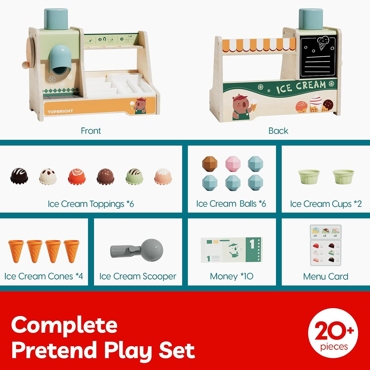 TOP BRIGHT Juguetes de Madera para Juego de Simulación de Helados, Set de Cocina para Niños con Mostrador de Helados, Cuchara y Menú, Juguetes Montessori para Niños y Niñas Regalo Capybara Edad 3+